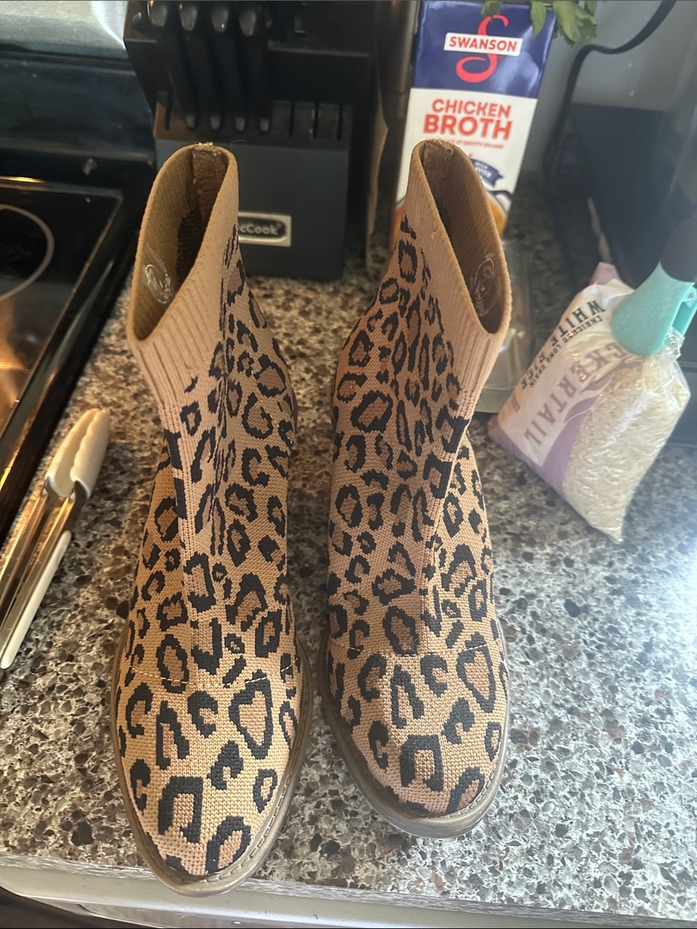 Blowfish Leopard Knit Sock Booties - Tan & Black